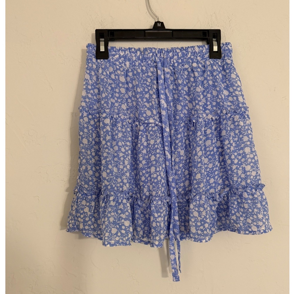 Womens Blue White Floral Tiered Mini Skirt Elastic Waist‎ Ruffle Hem Size Small